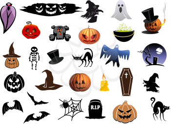 Set of colorful Halloween icons with lanterns, bats, ghosts, cat, witch, spiders, coffin and tombstones