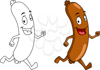 Running cartoon sausage with color and outline versions for fast food design
