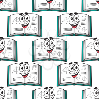 Seamless background pattern of a happy science textbook with a repeat motif of an open book with a cute smile and scientific or mathematical diagrams