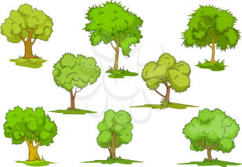 Set of cartoon leafy green trees on grass, design elements isolated on white