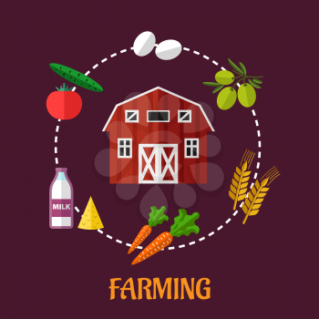 Farming flat infographic showing various crops arranged in a circle around a barn including tomato, olives, wheat, carrots, eggs and dairy products with the text Farming