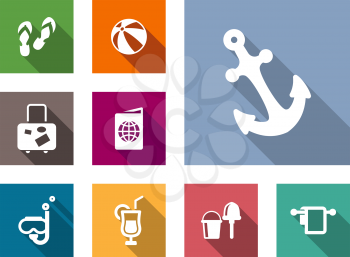 Set of flat nautical themed travel and vacation icons with slip slops, beach ball, suitcase, passport, snorkel, cocktail, kids spade, bucket and anchor