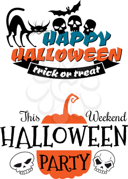 Halloween party banner and poster with pumpkin, flying bat, black cat, skull and trick or treat signs in cartoon doodle style