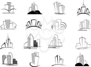 Set of stylized outline building and architectural icons of skyscrapers, high-rise commercial blocks and cityscapes in black and white