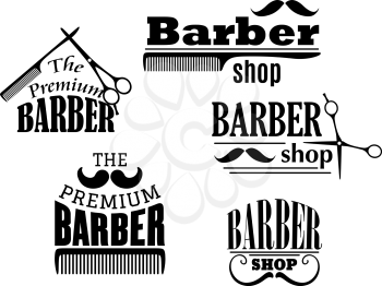 Black retro barber shop icons, emblems or logos with moustache, combs and scissors for service industry design