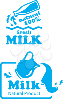 Natural Milk labels or badges in a pretty fresh blue and white with milk pouring from a bottle in the first and pouring from a jug in the second with text