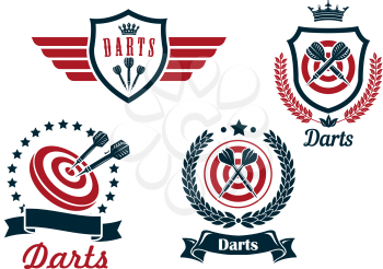 Darts heraldry emblems with arrows and dartboards, isolated on white for sporting logo design