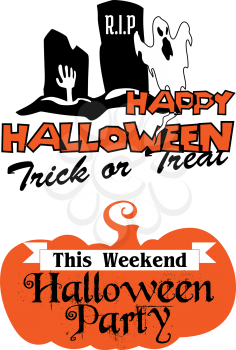 Halloween party poster and banner with pumpkin, ghost, zombie hand, tombstone, cemetery, rip  and trick or treat signs for Halloween holiday design