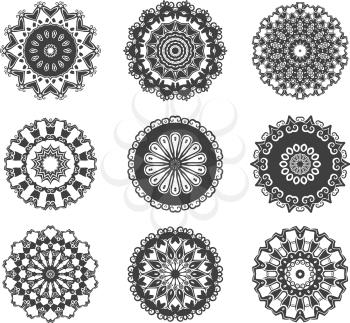 Circle vignette lace decorations set in antique victorian style, isolated on white background. For decorate plates design