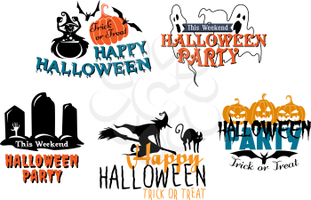 Halloween themed party banners with pumpkin, witch on broom, flying bat, ghost, black cat and cemetery