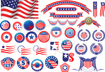 Red and blue patriotic American badges and labels with flag, banners, round labels, shields and wreaths in the colour and pattern of the Stars and Stripes