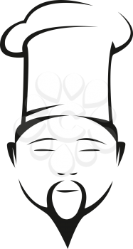 Black and white doodle sketch of the head of an oriental chef in a traditional white toque