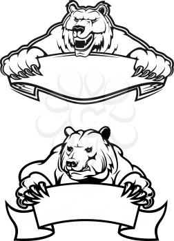Strong angry bears with banners, isolated on white, for tattoo, wildlife and mascot design