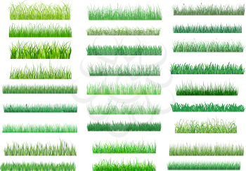 Large set of fresh green spring grass borders in differing shades of green lengths and densities for use as design elements on white
