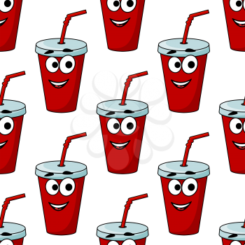 Cartoon takeaway beverage seamless pattern with a red plastic mug and straw with a happy face for fast food design