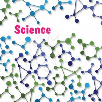 Colorful science background pattern with various chemical structural icons of atoms in shades of blue and green with text Science