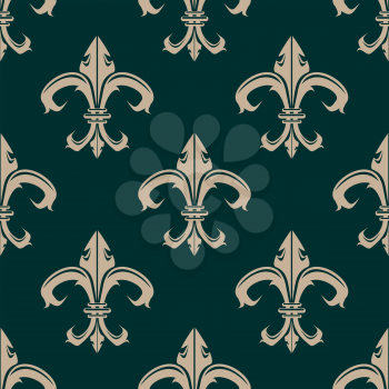 Classic Fleur de Lys beige seamless pattern in green background suitable for heraldry with a repeat vintage motif in square format