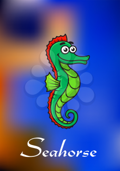 Cute little green cartoon seahorse swimming underwater in a blue ocean with a happy smile