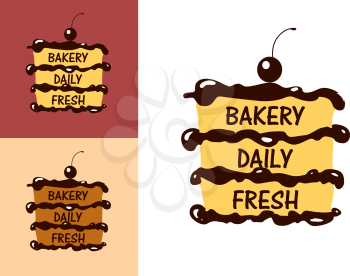Daily fresh bakery cake icon with cherry fruit for cafe or restaurant menu design