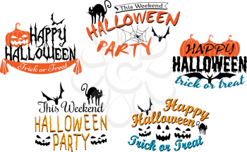 Happy Halloween holiday party posters and banner with pumpkin, flying bat, monster faces, black cat, spider and trick or treat signs isolated on white background