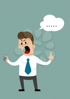 Swear angry cartoon manager or businessman holding in hand mobile phone and speech bubble with copyspace. Flat style