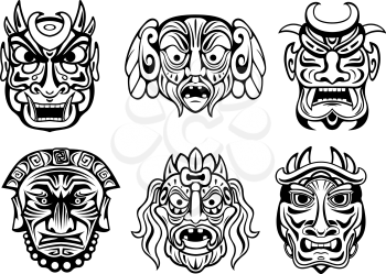 Expressive religious masks in tribal style isolated on white. For religion,tattoo and historical design 