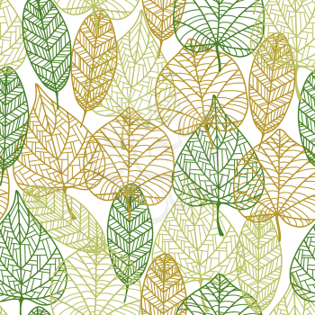 Delicate retro seamless background pattern of outline autumnal leaves in an overlapping repeat pattern