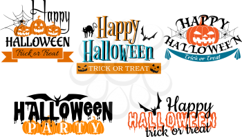 Halloween scary banners in cartoon  style with pumpkin, banner, flying bat, black cat, spider and trick or treat sign