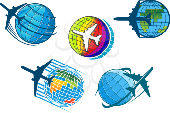 Airplane and air travel icons with five colorful vector designs of jetliners flying around globes conceptual of vacations, business flights and tourism