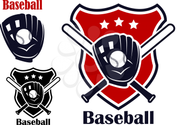 Retro baseball sport emblems or logos with ball, stars, bats,  glove and shield, isolated on white. For recreation , sports or logo design. 