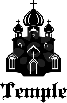 Black and white silhouette of christian temple or church with front facade and  three onion domes for religious and Christianity design