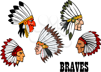 Сolorful cartoon native American Indian braves heads wearing feathered headdresses, side view in profile and text Braves. For american history,  ethnic or thanksgiving design 