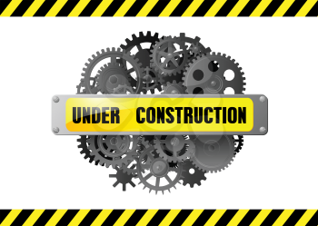 Under construction web page alert warning with gears and pinions, for web design