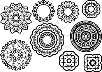 Circle vignette lace ornaments set in medieval style, isolated on white background. For decorate plates or another background
