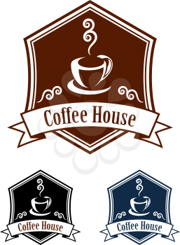 Hot coffee retro banner with cup of coffee and steam, isolated on white background, for cafe and restaurant menu design