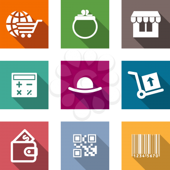 Shopping business flat icons set with shopping cart, wallet, stand, calculator, purse, barcode