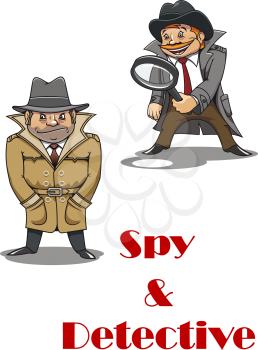 Spy and detective cartoon characters with a stereotypical unshaven spy hunched down in a great coat and an eager beaver smiling detective carrying a large magnifying glass. For security or police desi