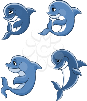 Cute cartoon blue dolphins set for fairytale, comics and wildlife design