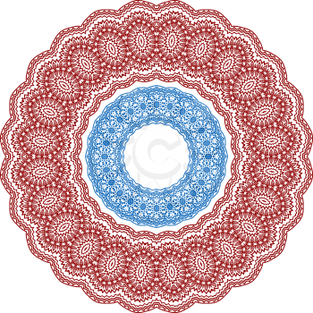Red and blue colored circle vignette lace ornament in medieval style isolated on white background. For decorate plates design