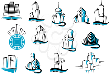 Office, telecommunication and residential buildings symbols or emblems set. Suitable for architecture and real estate industry design