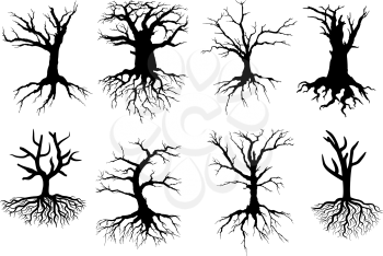 Black bare tree silhouettes with roots isolated over white background, suitable for eco and environment design