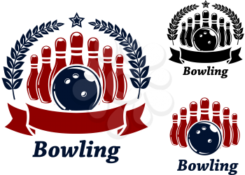 bowling emblems with ball, stars, ninepins and laurel wreath. Black and red isolated over white colored background . suitable for sport and recreation  design 