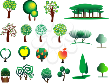 Abstract stylized cartoon style tree icons isolated on white colored background, suitable for ecology, environment and bio design 