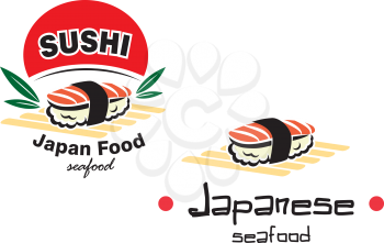 Red and yellow colored Japanese sushi seafood emblem design,  suitable for restaurant and seafood industry