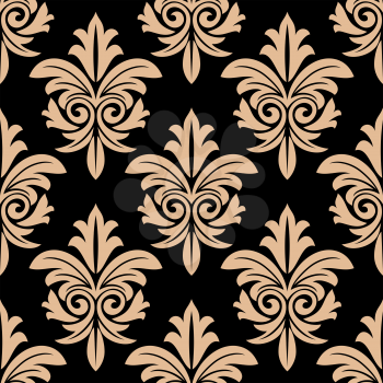 Beige colored  floral arabesque elegant seamless pattern with leaf in damask style isolated on black colored background.Suitable for wallpaper and textile design 