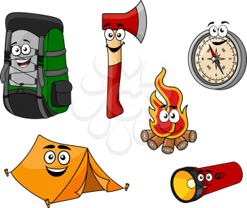Cartoon camping and travel objects set with backpack, tent, axe, compass, fire and flashlight for tourism design
