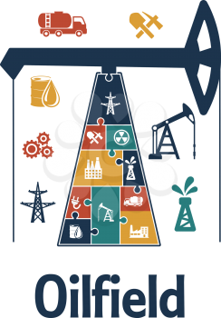 Energy and oil industry flat infographics design with oil field, oil pump, gear, high-voltage tower, shovel, pick, factory, tank, truck, barrel and drop 