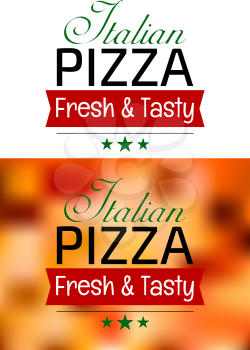 italian colored pizza label on red tint blurred background with text - italian pizza fresh and tasty