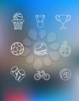 Sport icons set in outline style with basketball ball, medal, prize trophy cup, ice skates, stopwatch , boxing gloves, bicycle and billiard ball on colorful background for sport design