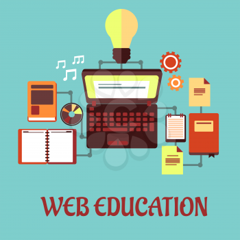 Web Education or e-learning concept with laptop computer and light bulb surrounded by a variety of interconnected education icons on a blue background. Flat design